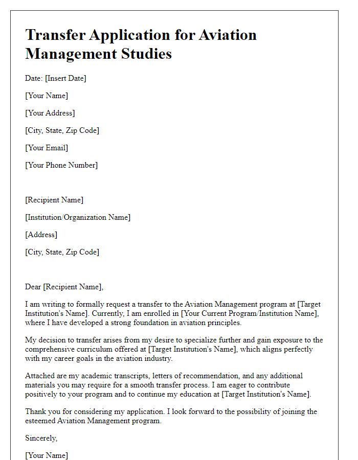 Letter template of transfer application for aviation management studies.