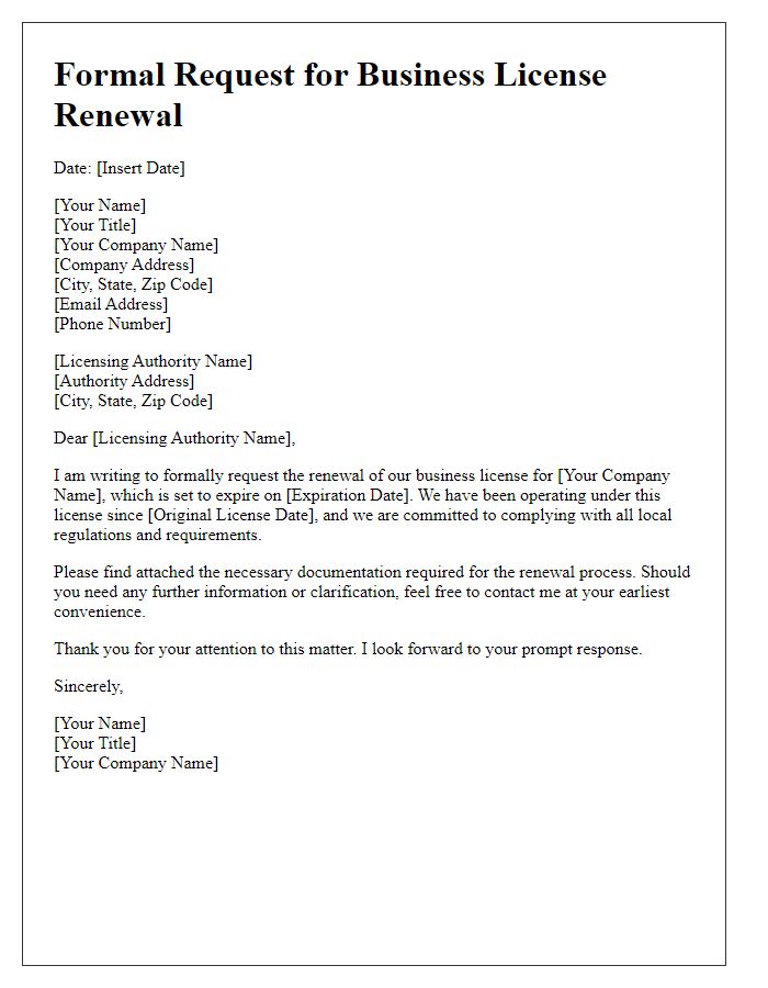 Letter template of formal request for business license renewal