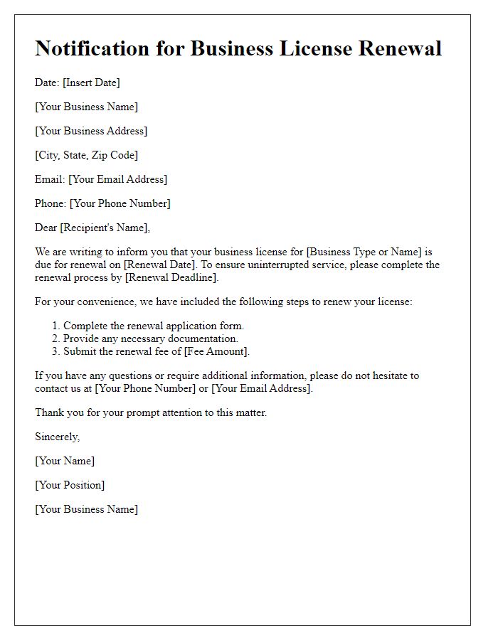 Letter template of notification for business license renewal