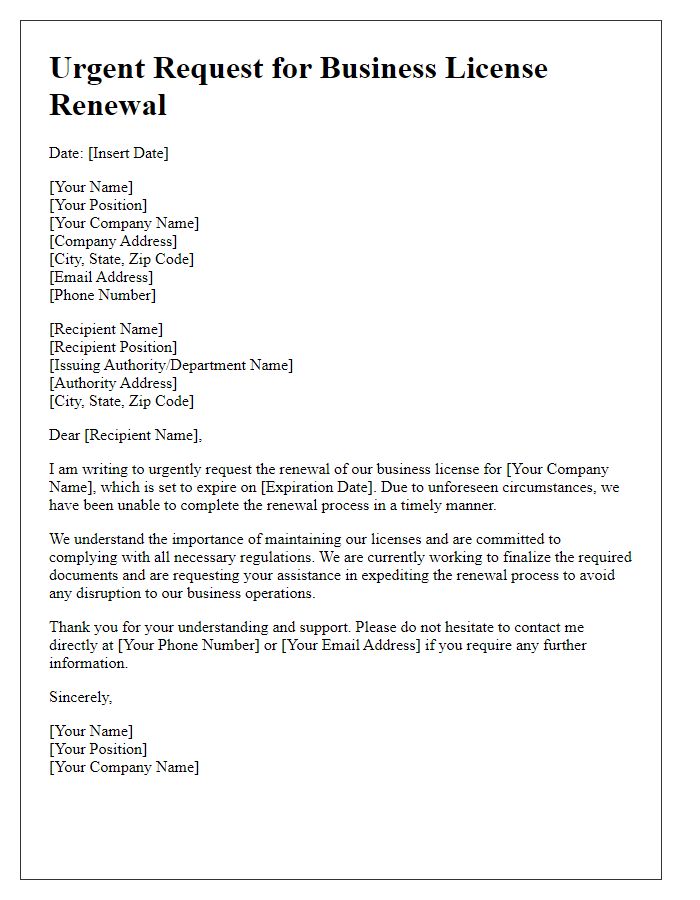 Letter template of urgent request for business license renewal