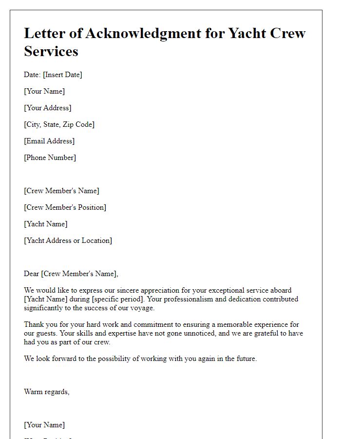 Letter template of acknowledgment for yacht crew services