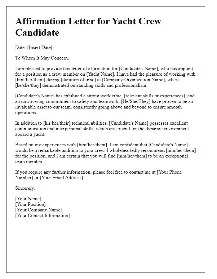 Letter template of affirmation for yacht crew candidate