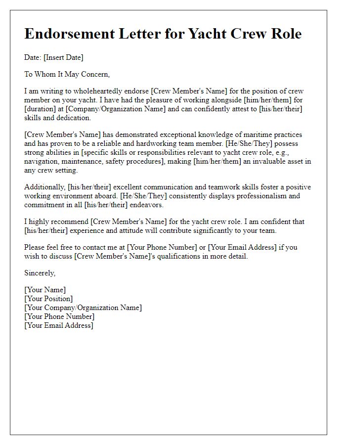 Letter template of endorsement for yacht crew role