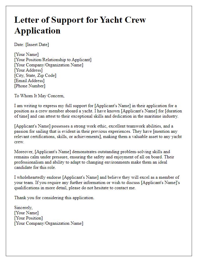 Letter template of support for yacht crew application