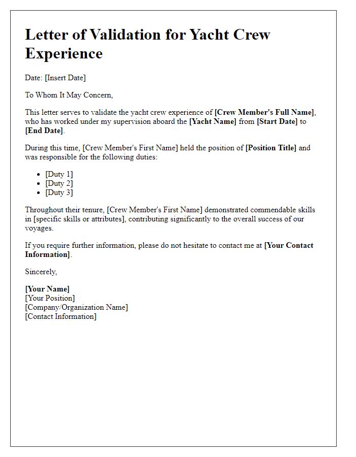 Letter template of validation for yacht crew experience