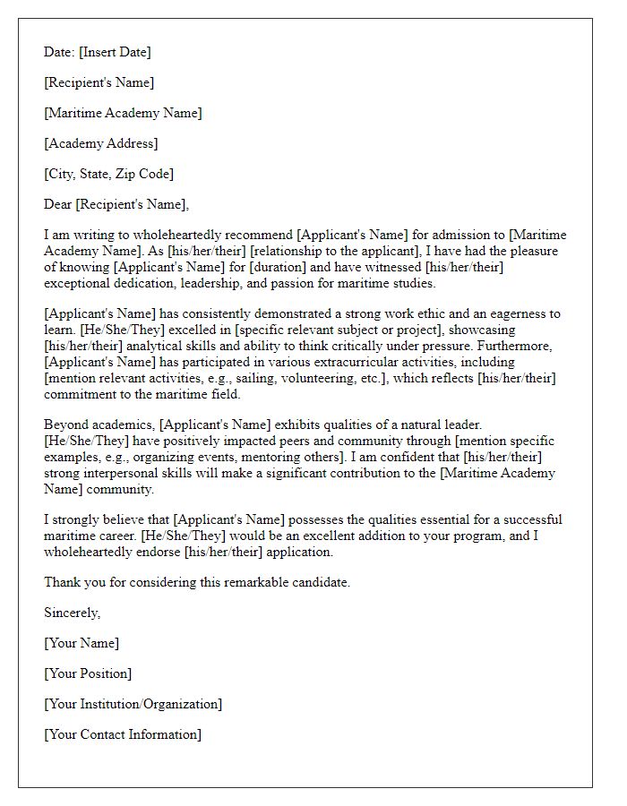 Letter template of recommendation for maritime academy applicant