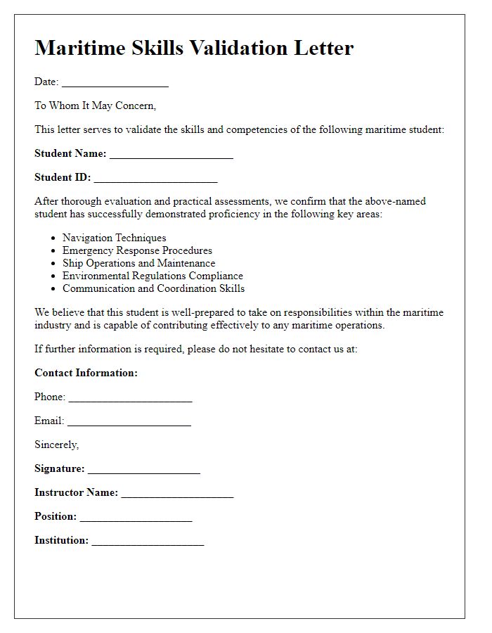 Letter template of validation for maritime students' skills