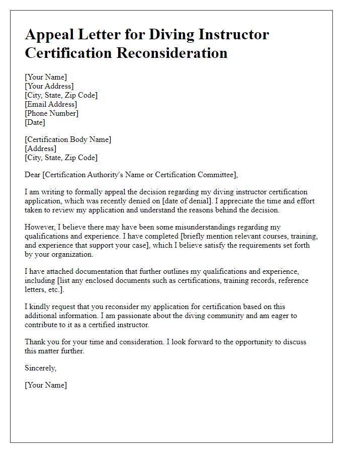 Letter template of appeal for diving instructor certification reconsideration