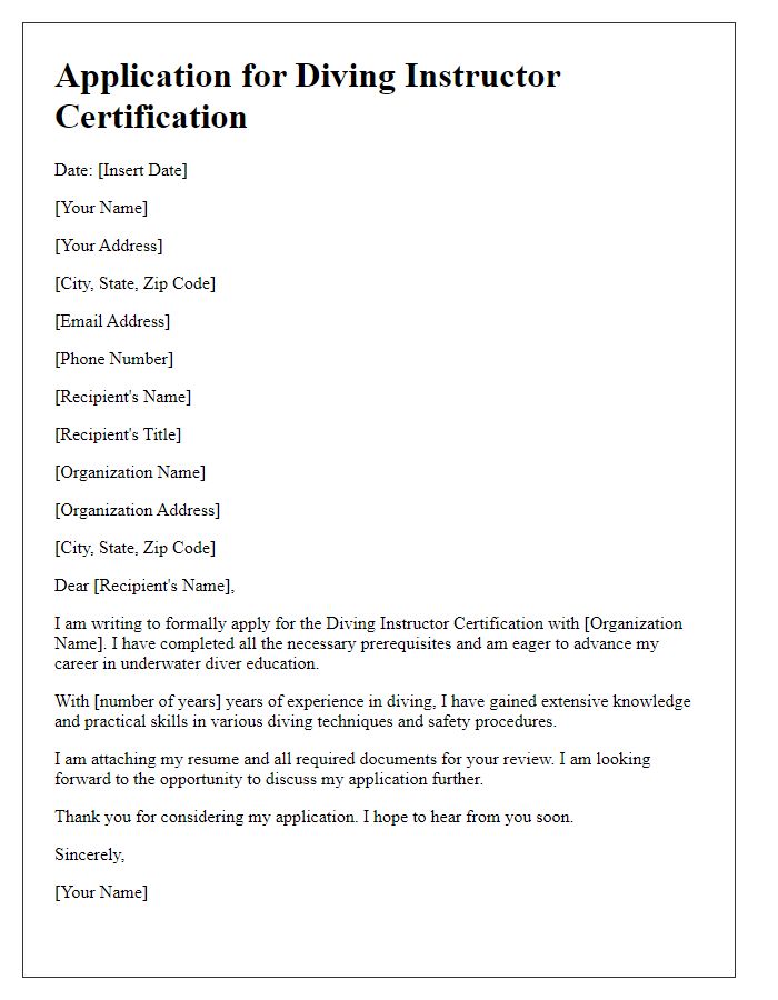 Letter template of application for diving instructor certification