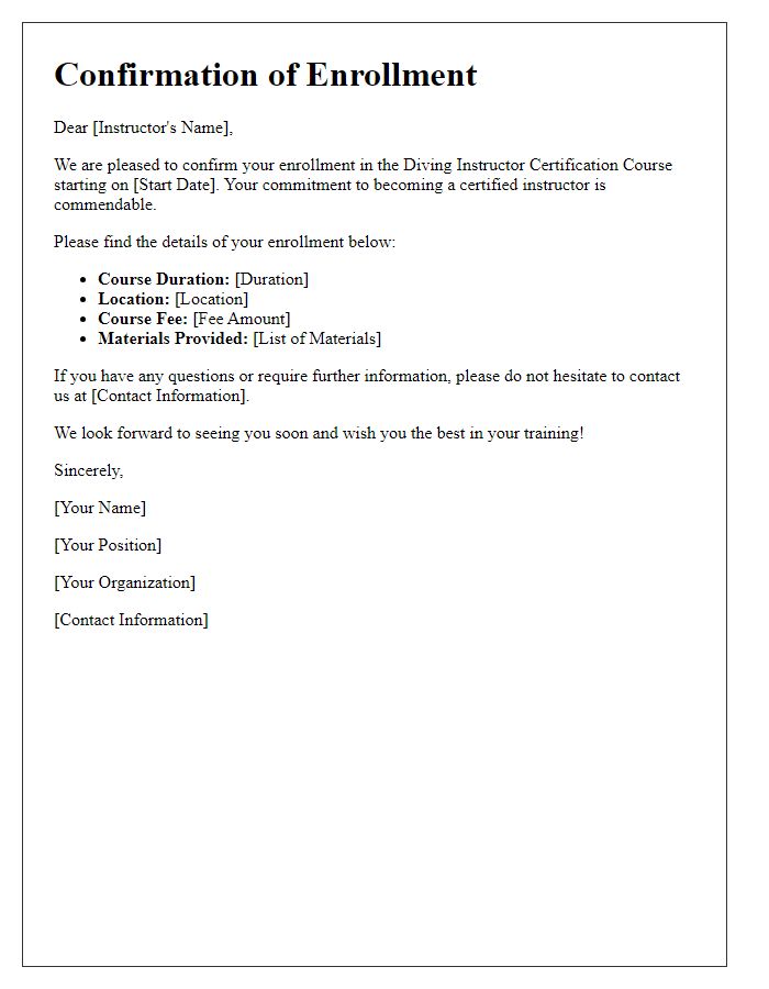 Letter template of confirmation for diving instructor certification course enrollment