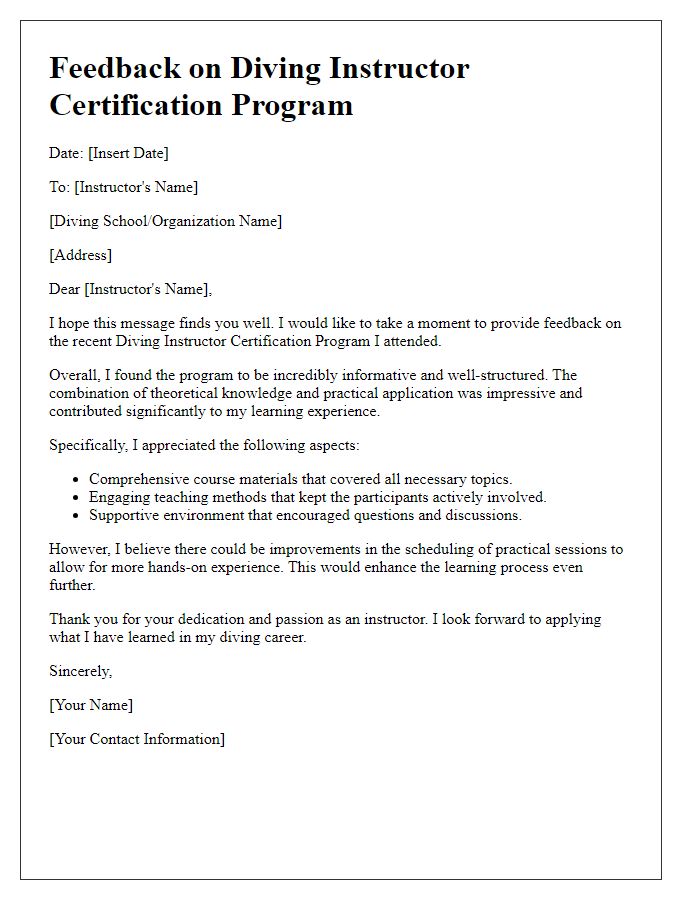 Letter template of feedback on diving instructor certification program