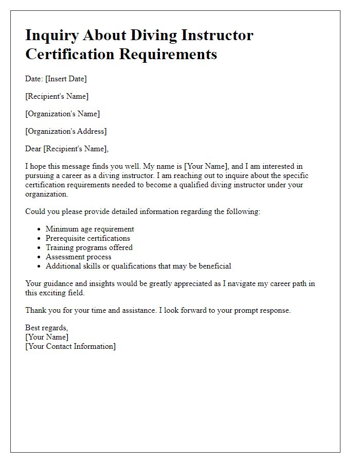 Letter template of inquiry about diving instructor certification requirements