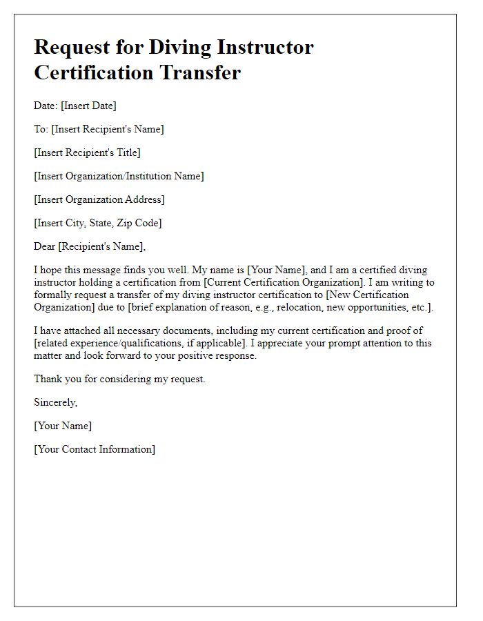 Letter template of request for diving instructor certification transfer