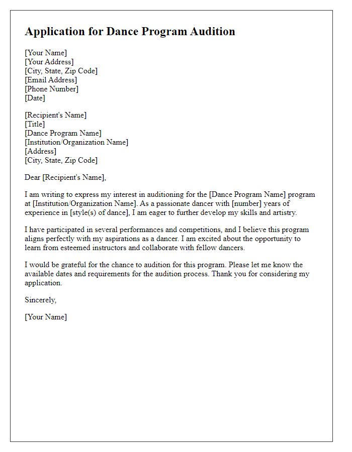 Letter template of application for dance program audition opportunity.