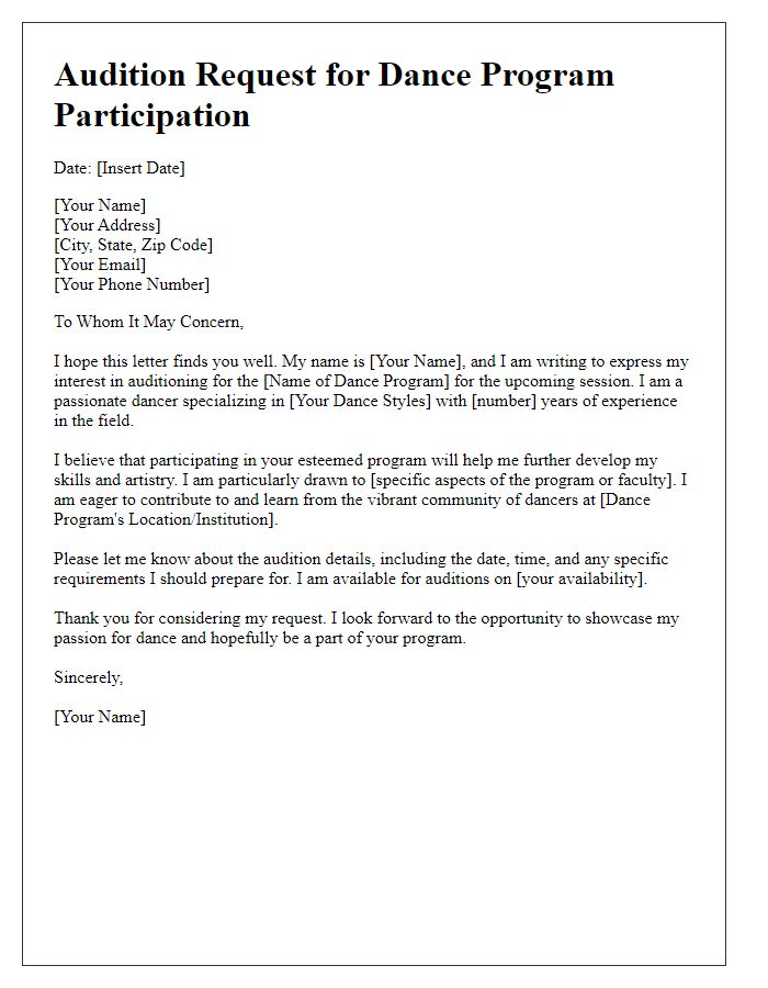 Letter template of audition request for dance program participation.