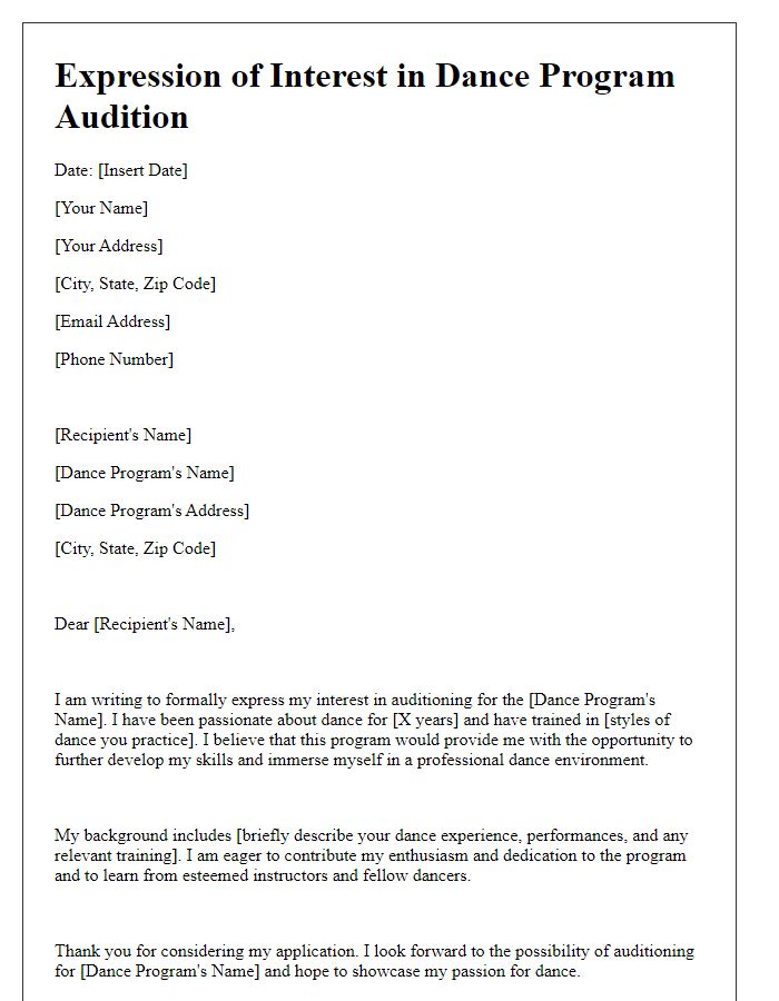 Letter template of expression of interest in dance program audition.