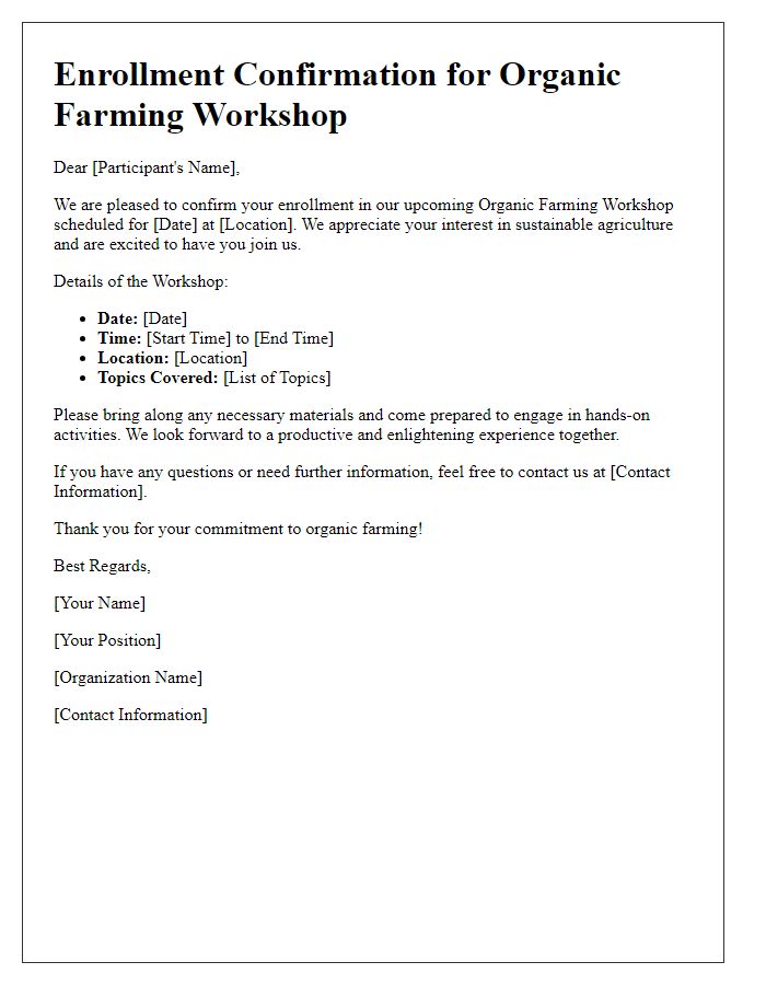 Letter template of enrollment in organic farming workshop