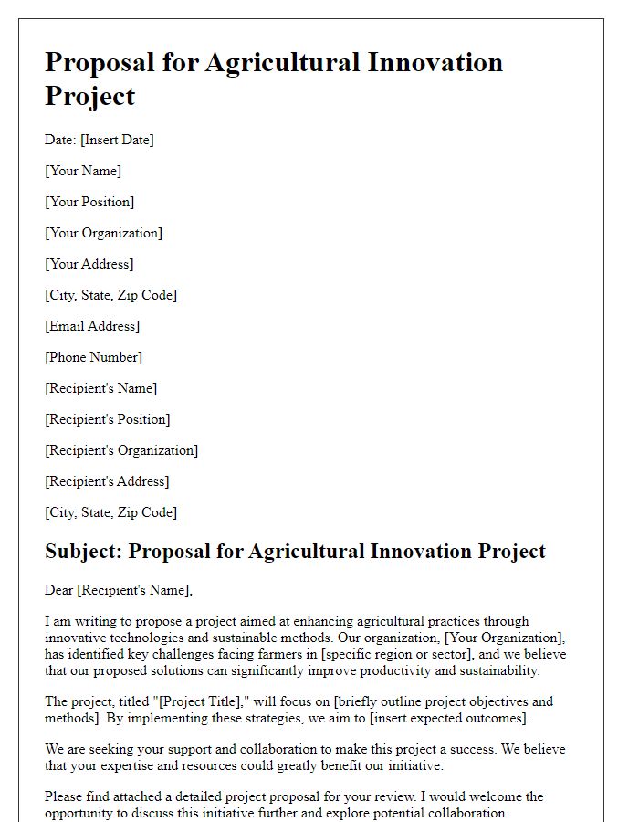 Letter template of proposal for agricultural innovation project