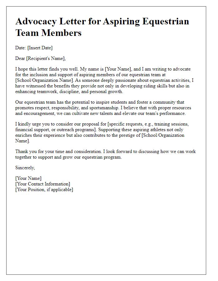 Letter template of advocacy for aspiring equestrian team members