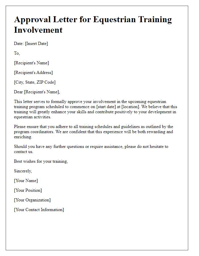 Letter template of approval for equestrian training involvement