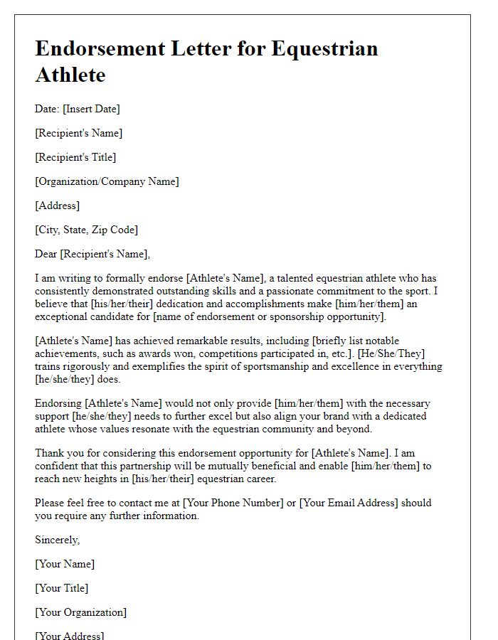 Letter template of endorsement for equestrian athletes