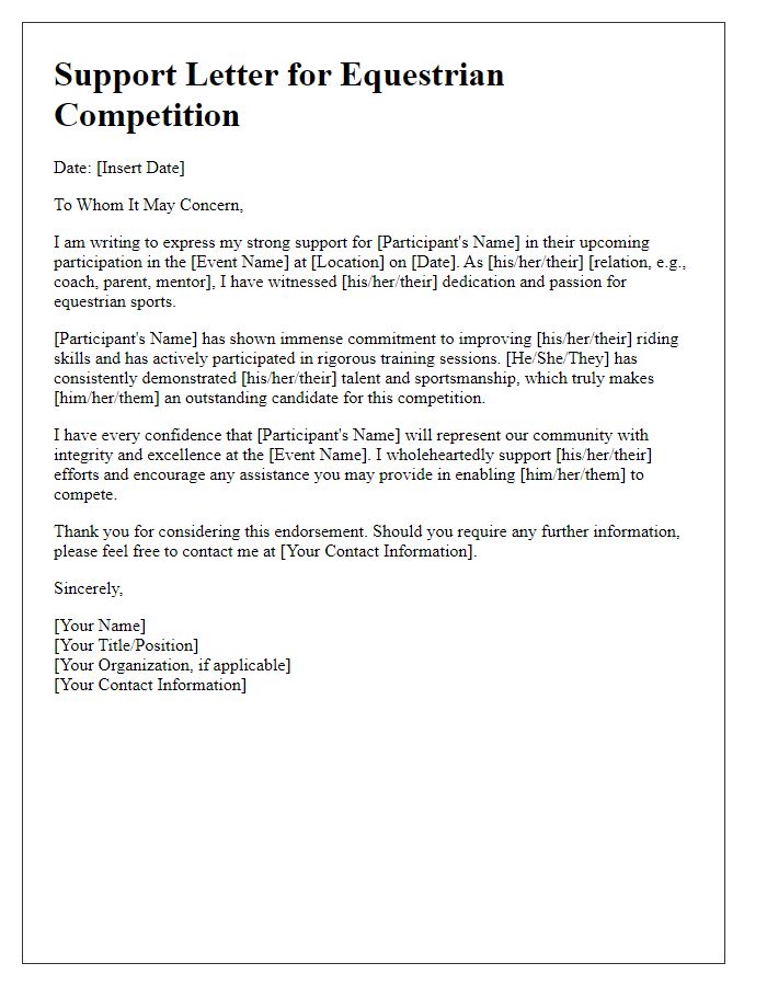 Letter template of support for equestrian competition participation