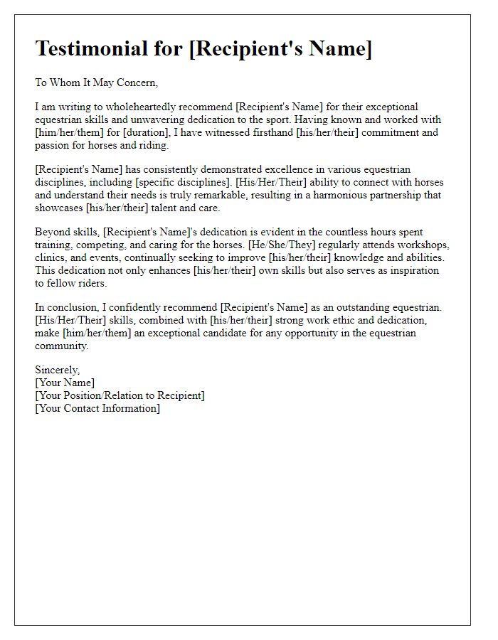 Letter template of testimonial for equestrian skill and dedication