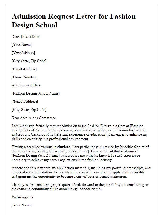 Letter template of admission request for fashion design school