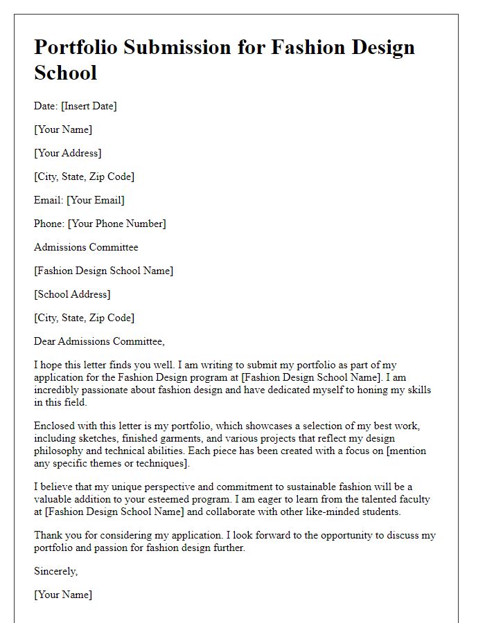 Letter template of portfolio submission for fashion design school