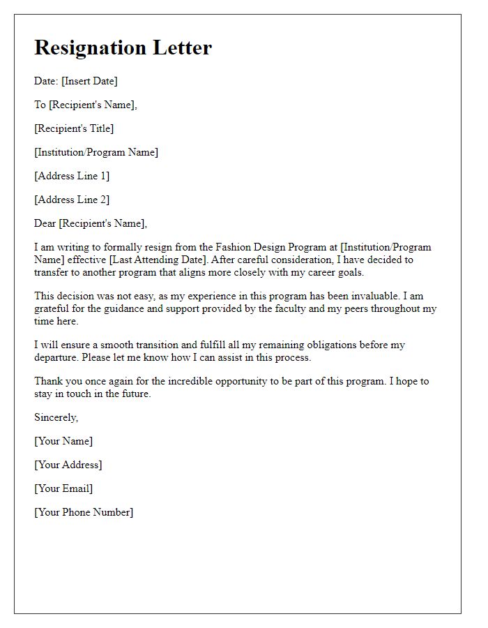 Letter template of resignation for fashion design program transfer