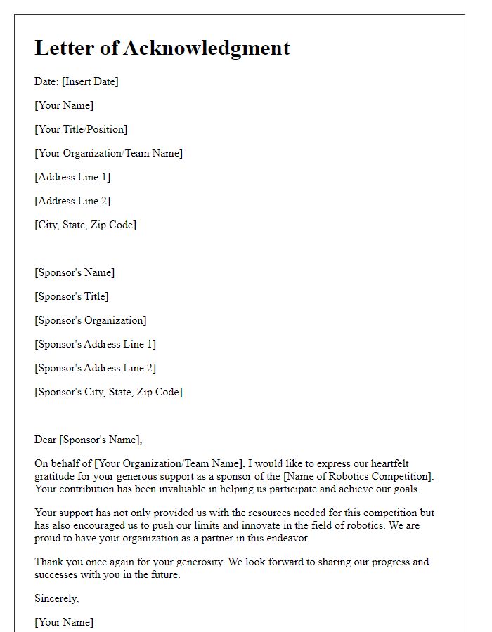 Letter template of acknowledgment for robotics competition sponsors