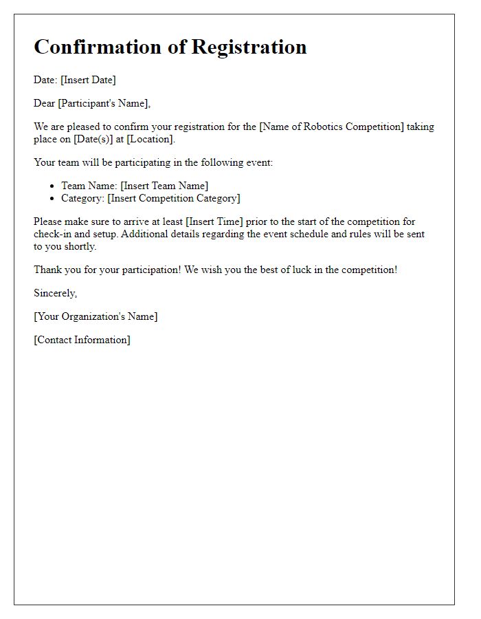 Letter template of confirmation for robotics competition registration