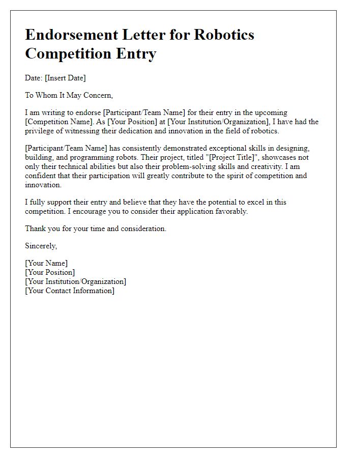 Letter template of endorsement for robotics competition entry