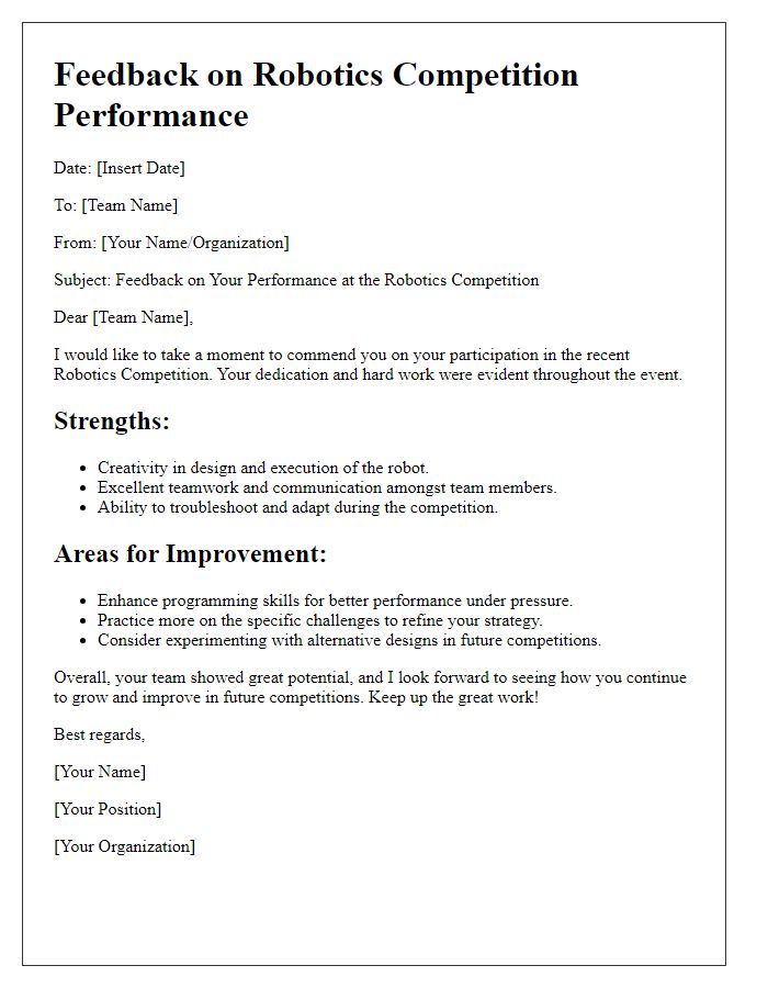 Letter template of feedback for robotics competition performance