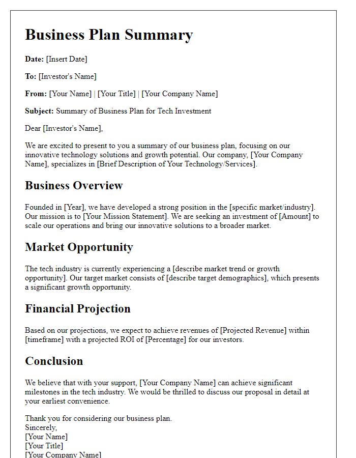 Letter template of business plan summary for tech investment