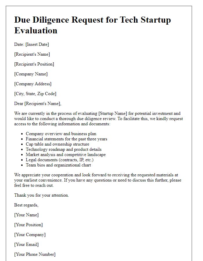 Letter template of due diligence request for tech startup evaluation