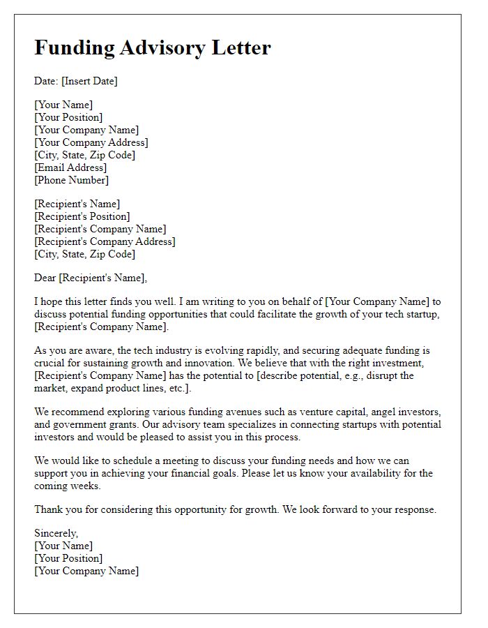 Letter template of funding advisory for tech startup growth