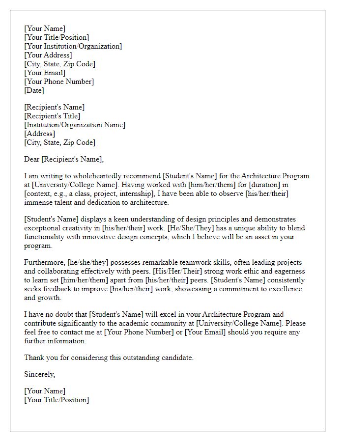 Letter template of Recommendation for Architecture Program