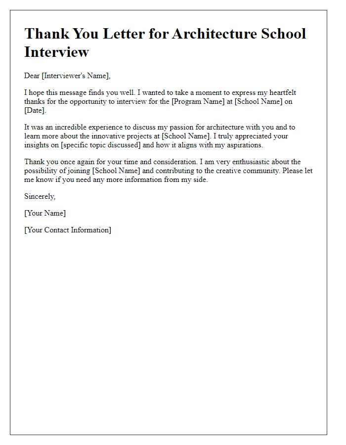 Letter template of Thank You for Architecture School Interview