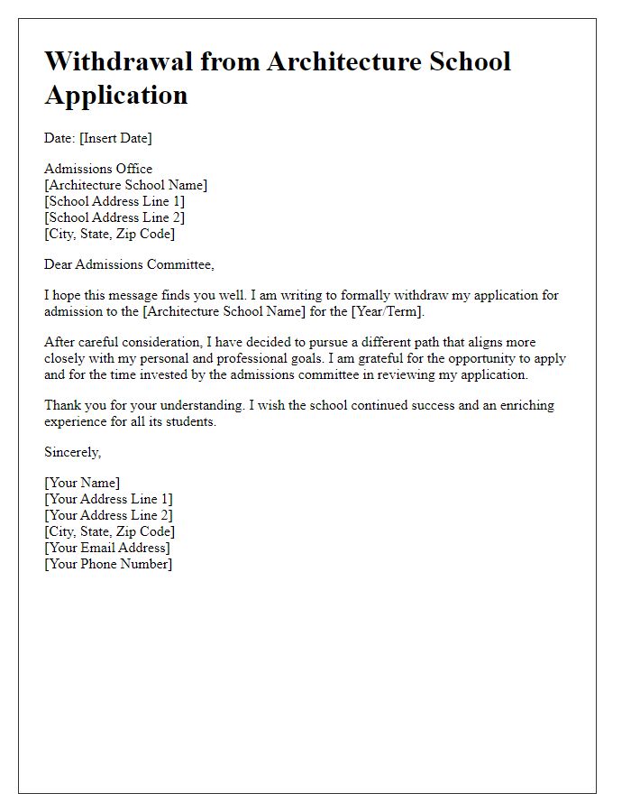 Letter template of Withdrawal from Architecture School Application