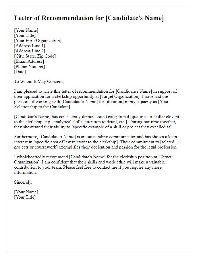 Letter template of backing for clerkship opportunity in law