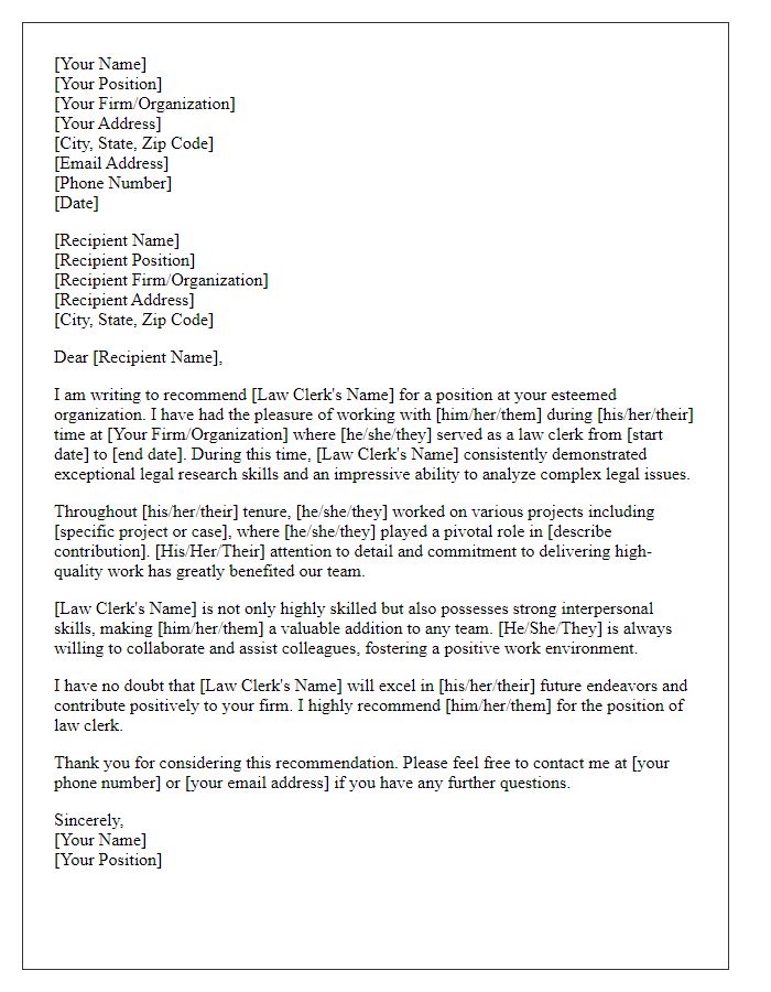 Letter template of professional recommendation for law clerks