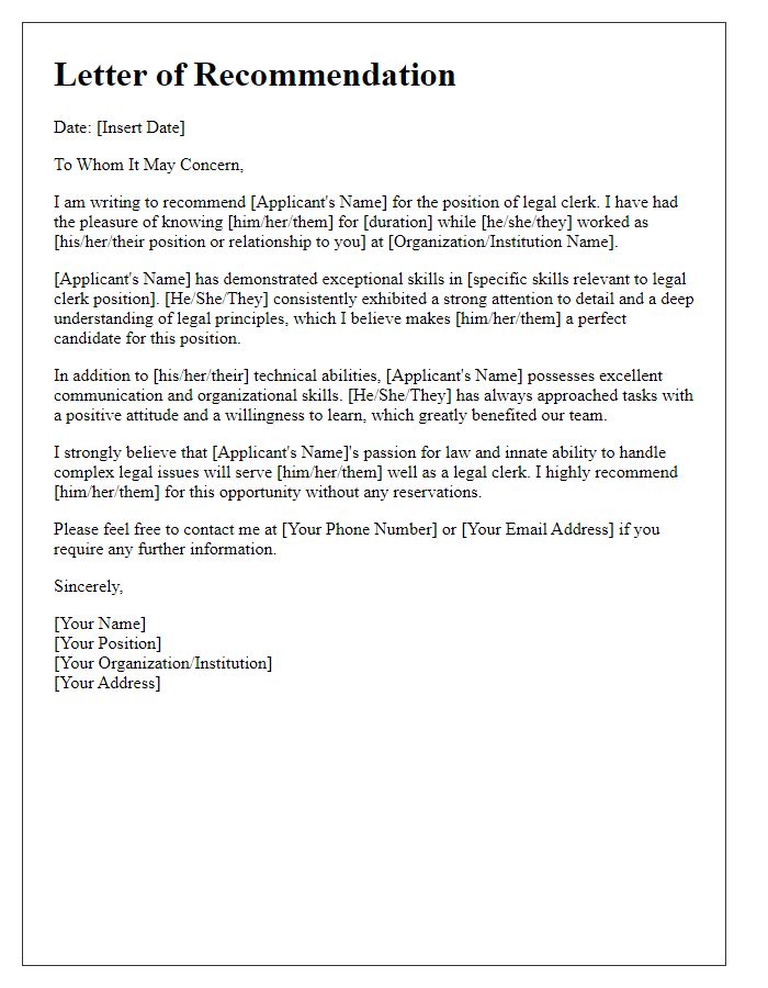 Letter template of recommendation for aspiring legal clerks