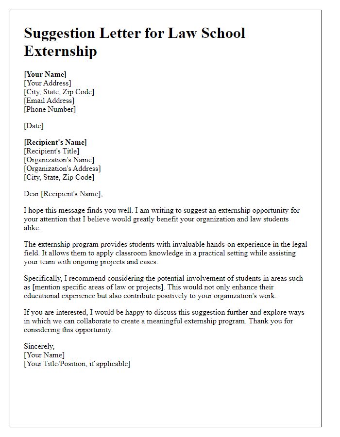 Letter template of suggestion for law school externship