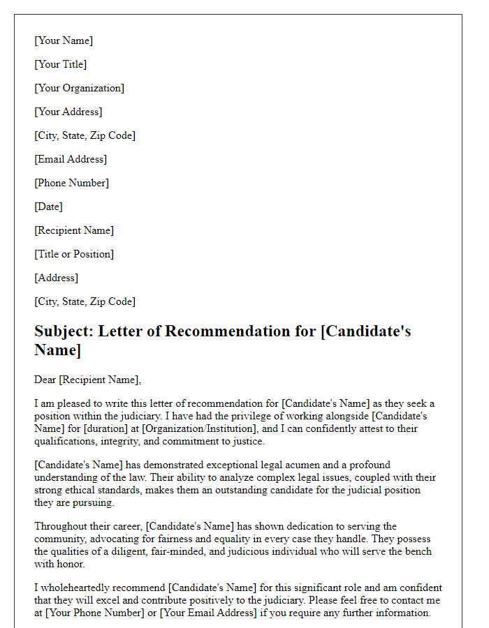 Letter template of recommendation for judicial candidate