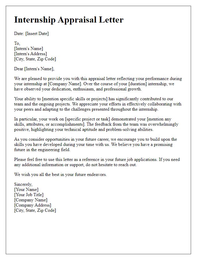 Letter template of appraisal for engineering internship seekers.