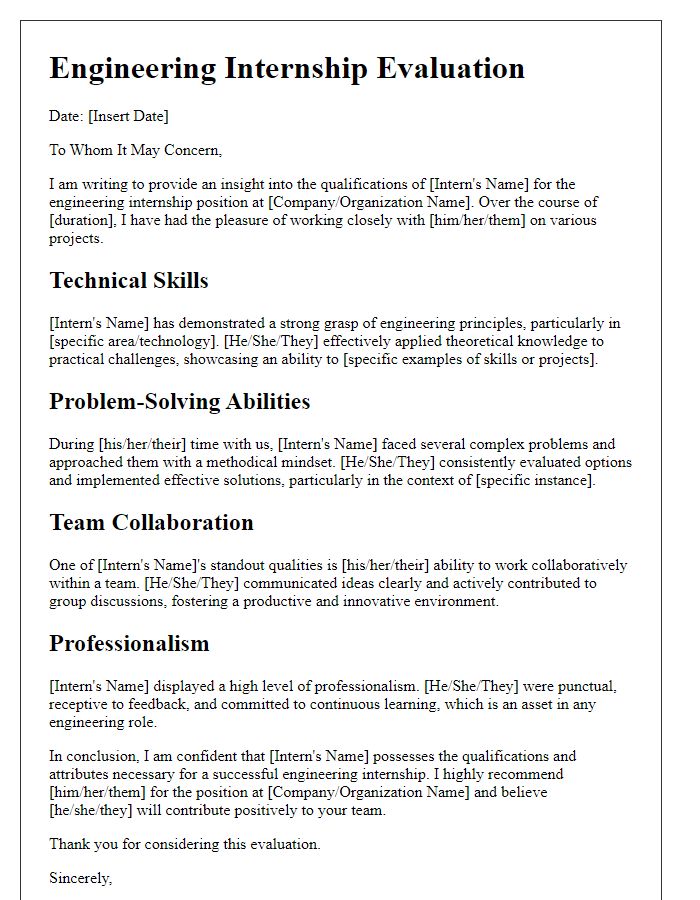 Letter template of insight for evaluating engineering internship qualifications.