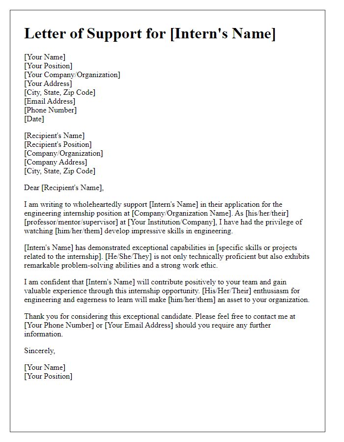 Letter template of support for engineering internship application.