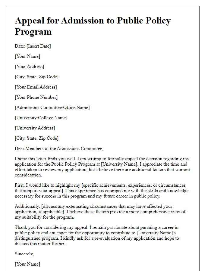 Letter template of appeal for public policy program admission.