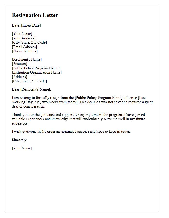 Letter template of resignation from public policy program.